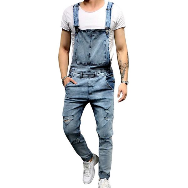 

puimentiua 2019 fashion mens ripped jeans jumpsuits street distressed hole denim bib overalls for man suspender pants designer, Blue