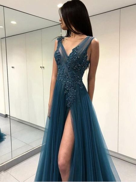 

prom sweet 16 dresses long sheer scoop backless formal evening gowns high split bead lace appliques tulle celebrity ball party dress, Black