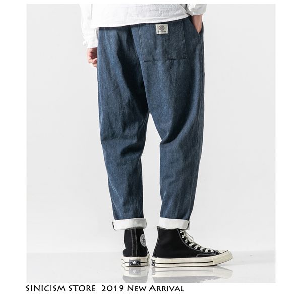 

sinicism store men new casual chinese style 2019 autumn streetwear jeans mens vintage blue pants male plus size fashion trousers