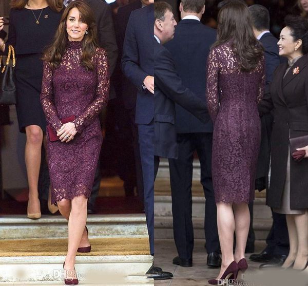 

full lace mother of the bride dresses elegant purple high neck wedding guest gowns with sleeves knee length mother's dress, Black;red
