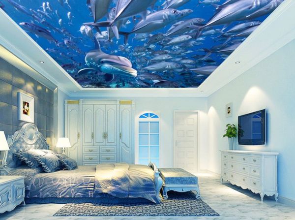 Profundo, mar, peixe, golfinhos, sala de estar quarto, teto, mural, sala de estar, quarto, teto, cenário, papel de parede