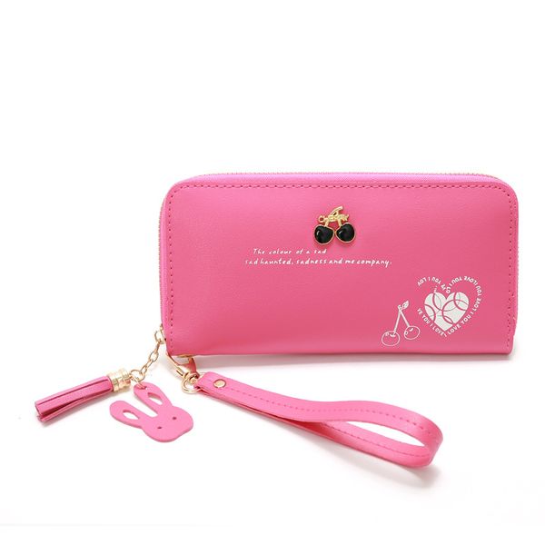 

women wallet purse long cherry decoration high capacity coin purse key card package tassel clutch printing wallets girl purses, Red;black