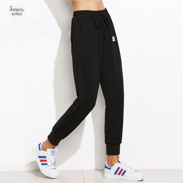

черные drawstring штаны пропатченных jogger вскользь женщины днища осени plain sweatpants sporty конической морковь crop брюки, Black;white