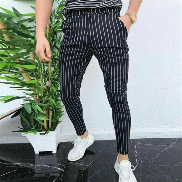 

new men's striped casual slim fitness pants male trousers business pencil casual fashion elastic bodybuilding streetwear, Black