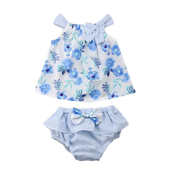 

newborn baby girls clothes set sleeveless summer bow floral dress ruffle shorts cotton girl clothing casual outfit 0-3t, White
