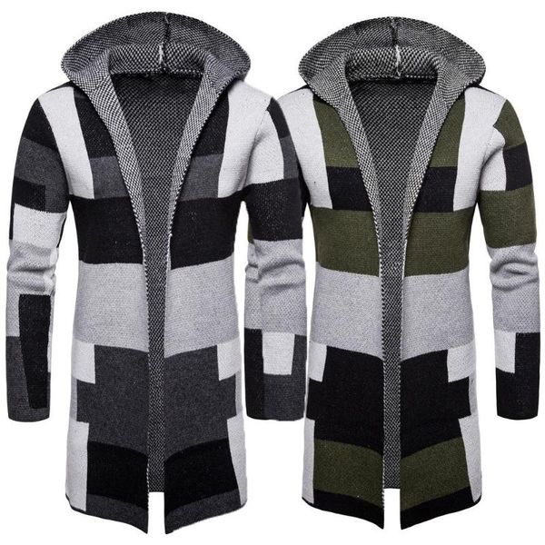 

men's jackets men fashion hooded knit cardigan sweater coat long sleeve color blocks overcoat for, Black;brown