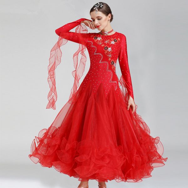 

ballroom dance costumes modern dance dress group game performance uniforms ball waltz tango fairy full-skirted dress mq257, Black;red