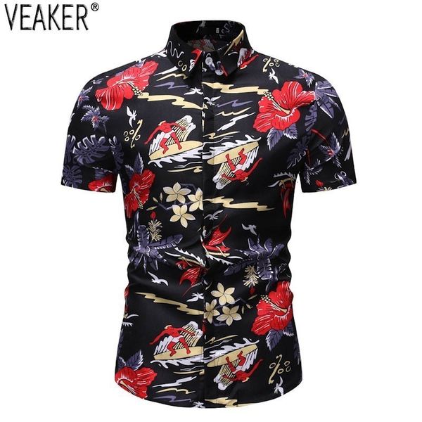 

2019 new men slim fit flower printed shirts men casual short mouw basic shirt male floral print beach shirt  -3xl, White;black