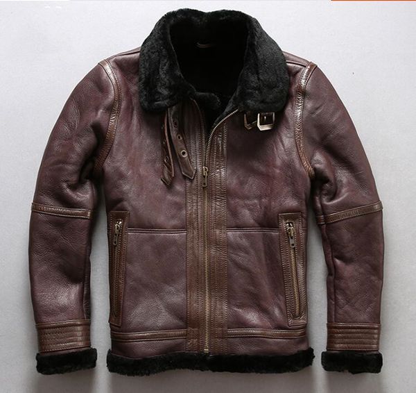 

dark brown avirex fly sheepskin genuine leather jackets warm coats lamb fur collar double face fur jackets with lamb fur lining, Black