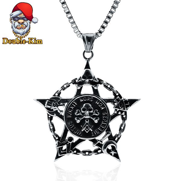 

the five-pointed star skull pendant necklace men hip-hop rock titanium stainless steel silver chain fashion man jewelry gift