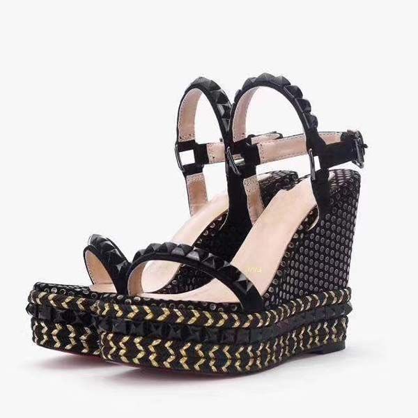 

2020famous ladies red bottom wedge cataclou sandals patent leather studded ladies ankle strap women's pumps party dress shoes heel 6cm, Black