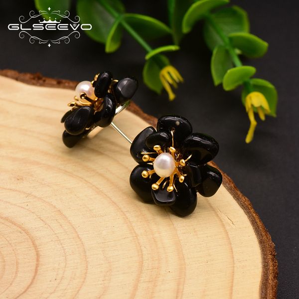 

glseevo natural black agate pearl stud earrings for women birthday day gift 925 sterling silver flower earrings jewelry ge0780g cj191202, Golden