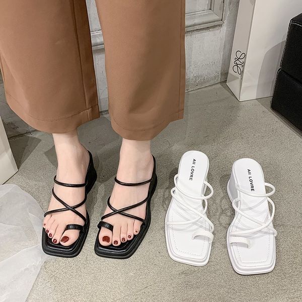 

black white clip toe wedge slippers women sandals pu narrow band platform sandals summer height increase slippers women 2020