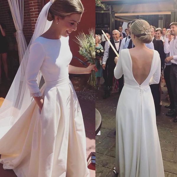 

2019 Country Wedding Dresses 3/4 Long Sleeves Bateau A Line Sweep Train Satin Bridal Gowns Vestidos De Noiva Cheap Custom