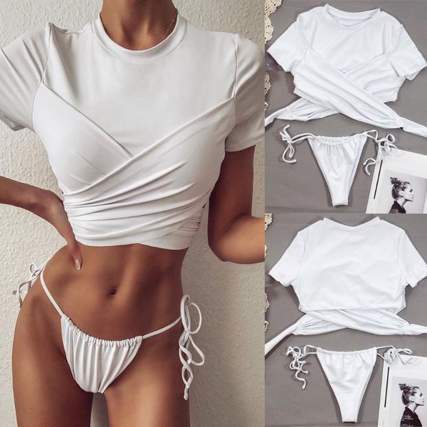 

2020 women bandage solid split bikini push-up pad swimwear swimsuit beachwear set swimming suit for women, White;black
