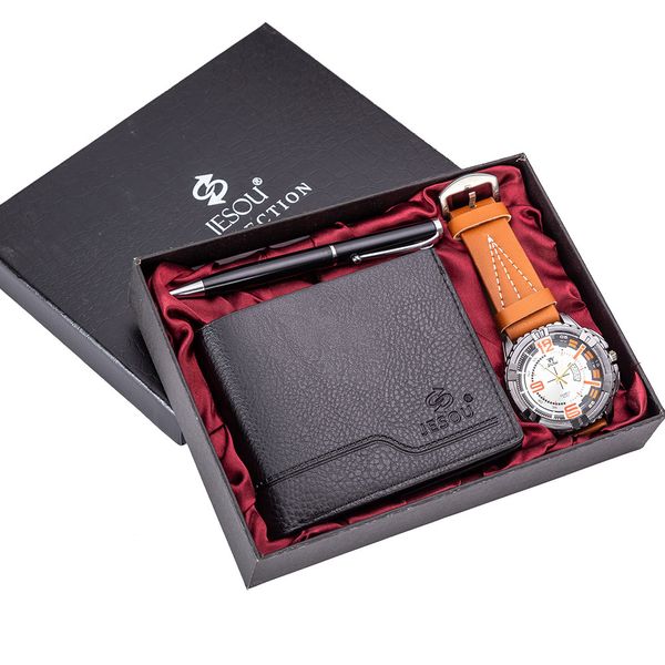 

coxry men watch wallet pen combination set beautifully packaged leather men's watches gift for boyfriend 2019 quartz watches men, Slivery;brown