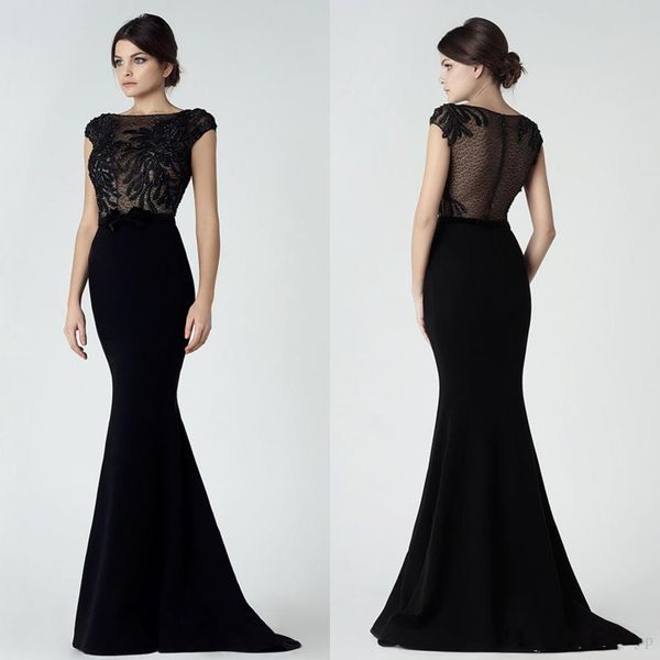 

black saiid kobeisy lace dresses evening wear mermaid bateau neck transparent back beaded evening gowns floor length appliqued formal dress, Black;red