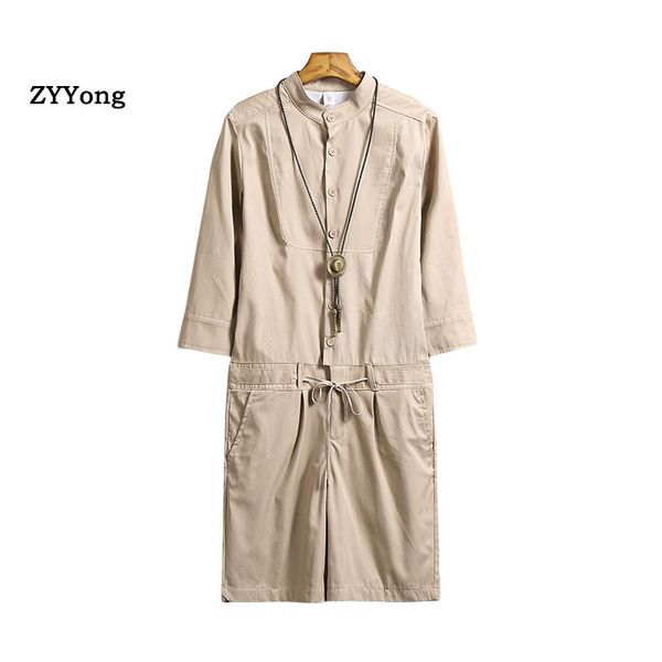 

men's tracksuits summer cotton black khaki loose overalls men short jumpsuit bib japanese mid sleeve hip hop streetwear rompers cargo p, Gray