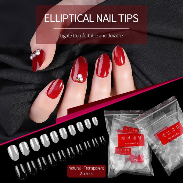 

10 size 500pcs oval round full cover fake nails tips resin clear natural false artificial tips diy manicure nail art tip, Red;gold