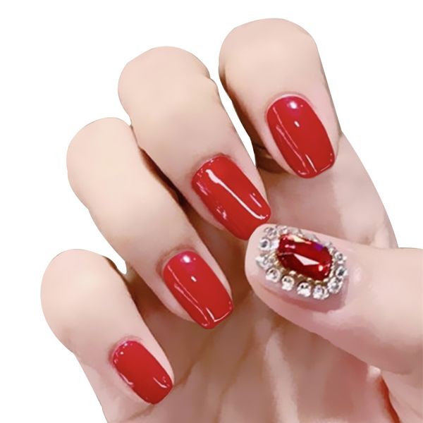 

24pcs/box with 2g glue red square head fake nails with diamond wearable manicure finished products bride detachable false nail, Red;gold
