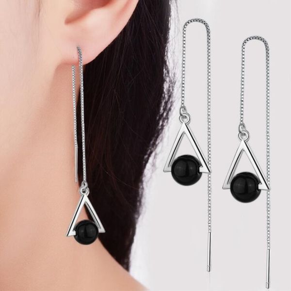 

beautiful triangle geometric 925 sterling silver jewelry long exaggerated natural black crystal tassel dangle earrings se315