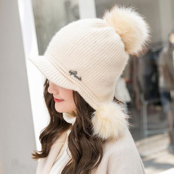 

bing yuan hao xuan hat female knitted hat casual all-match sweet fur knitted warm female winter knitting beanies, Blue;gray
