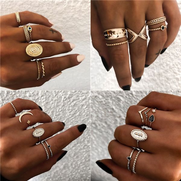 

vagzeb 5pcs/set finger knuckle black stone ring boho star moon rings set for women statement vintage jewelry, Slivery;golden