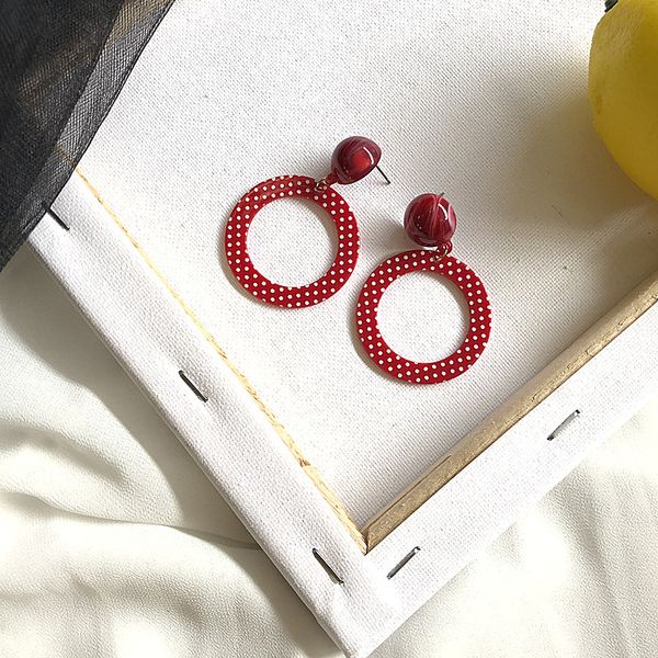

geometric red round resin sweet earring, Silver