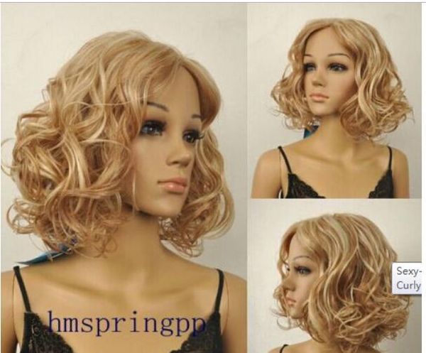 Sexy Women S Ladies Short Blonde Mix Natural Curly Hair Full