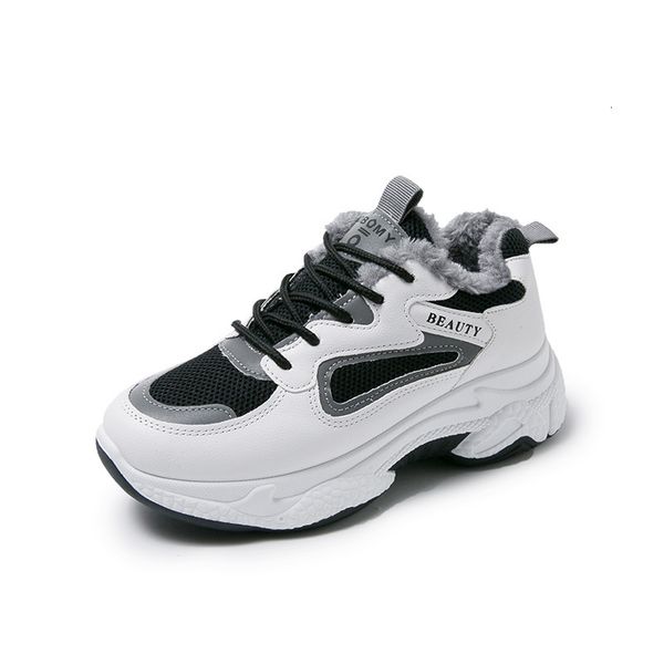 

winter sneakers women chunky vulcanized shoes keep warm ladies casual platform thick soled leather heavy-bottomed plush student, Black