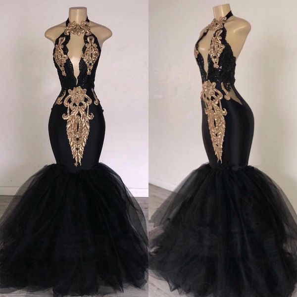 

Black halter mermaid long prom dre e 2019 keyhole lace applique beaded floor length evening party gown