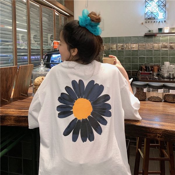

хлопок daisy с короткими рукавами женской одежды 2020 свободных универсальной половиной рукавов хлопка daisy футболка футболка топ с коротки, White