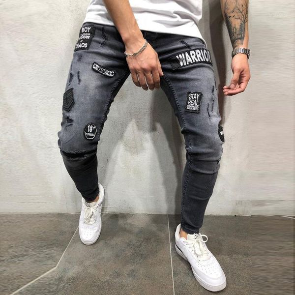 

men's stretchy ripped skinny biker jeans destroyed slim fit denim pants mens elastic waist harem pants men jeans1, Blue