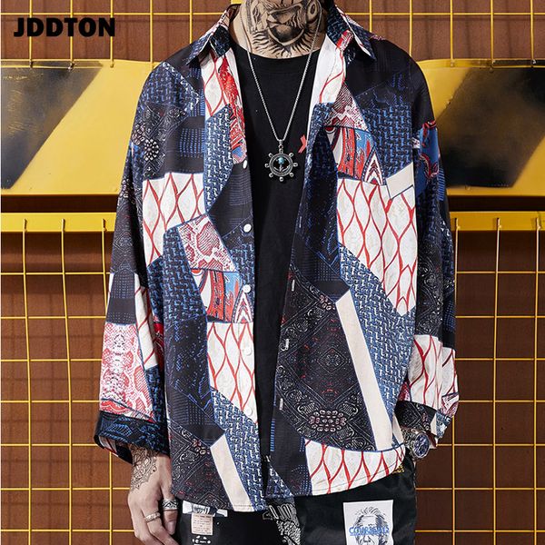 

jddton new summer men's geometric print loose fashion long cardigan hip hop casual streetwear outerwear vintage male shirt je207, Black;brown