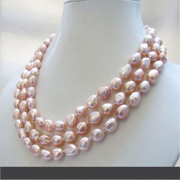 

3 genuine natural pink baroque freshwater pearl necklace 8-9mm ing, Silver