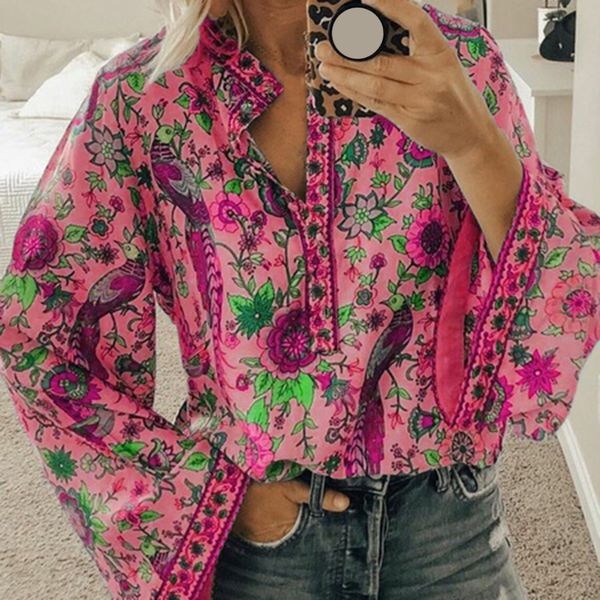 

wenyujh women peacock print boho blouse fashion vintage long sleeve blouse shirt summer autumn female v-neck button blusa, White