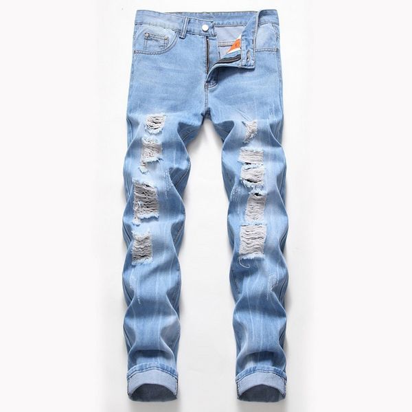 

men ripped jeans voguefashion patchwork hollow out beggar cropped jeans pants cowboys demin pants hip streetwear, Black