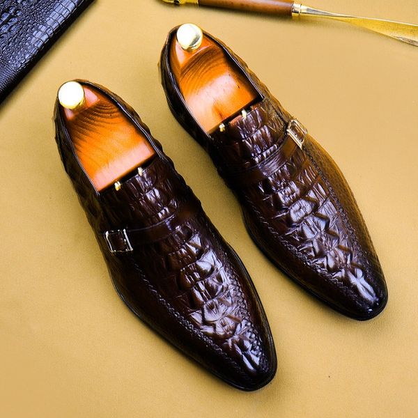 

men fashion crocodile skin pattern formal business shoes pointed toe party wedding fashion dress shoes, Black