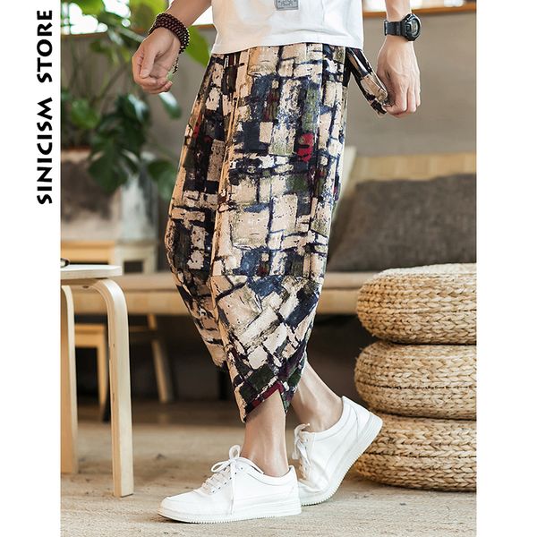 

sinicism store mens cotton linen pants male summer casual ankle-length pants man 2019 pattern print baggy loose trousers, Black