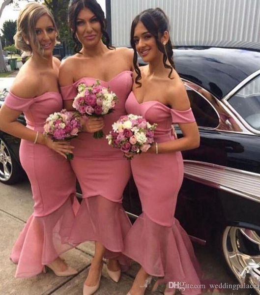 

watermelon color mermaid long bridesmaid dresses high low organza off shoulders zipper back maid of the honor bridesmaid gowns, White;pink