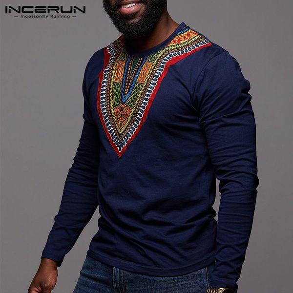 

incerun fashion african clothes men t shirt printed long sleeve ethnic style brand round neck dashiki casual t-shirts men, Red