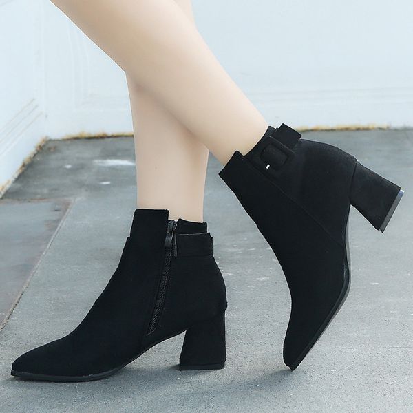 

belt buckle ankle boots for women fashion solid party wedding zipper autumn winter shoes women botas mujer invierno 2019, Black