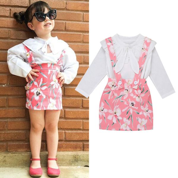 

2020 new toddler kids girl clothes long sleeve white bow ruffle blouse floral mini bib skirt summer outfits set cute 2pcs
