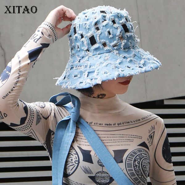 

xitao vintage old hole bucket hats women korea fashion 2019 new wild joker openwork washed wool cowboy elegant new wld2240, Blue;gray