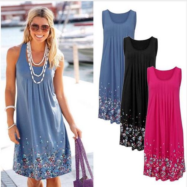 

без рукавов цветочный принт свободное платье мода шесть цветов повседневная женщины платье халат femme ete 2019 сексуальное платье плюс разм, Black;gray