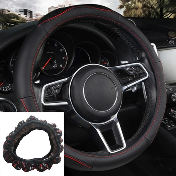 

automobile wheel cover pu material car steering wheel cover elastic hubs black white and black red steering