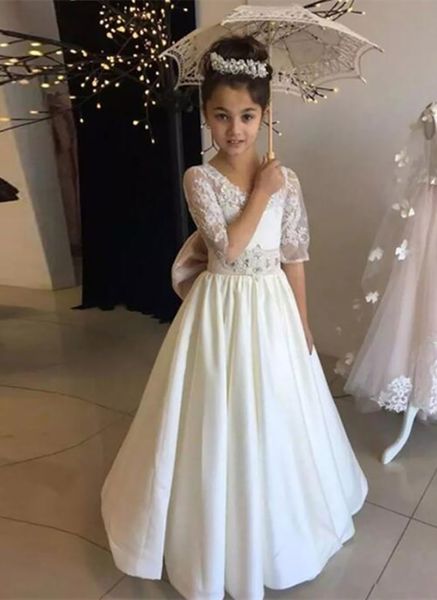 Flor menina vestidos para festa de casamento primeiro comunhão cetim arco lace meia manga a linha princesa crianças roupão