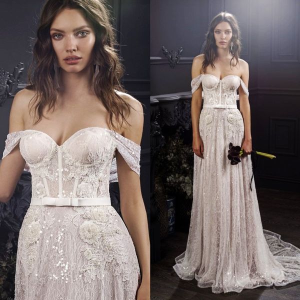 

lihi hod a line lace beach wedding dresses off the shoulder neck bohemian bridal gowns appliqued sweep train sequined boho robe de mariÃ©e, White