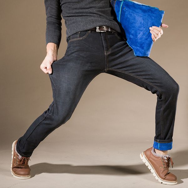 Sulee Marca Mens de Inverno Blue Fleece Jeans Alinhado Esticamento Quente Jeans Designer Black Azul Calças Casuais Calças Masculinas Plus Size 42