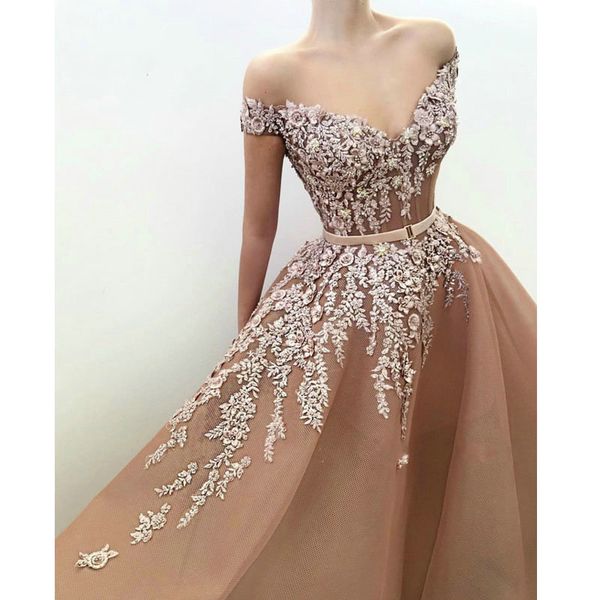 

brown prom dresses floral pattern lace appliques tulle off shoulder short sleeve a line floor length evening party gowns customize, Black